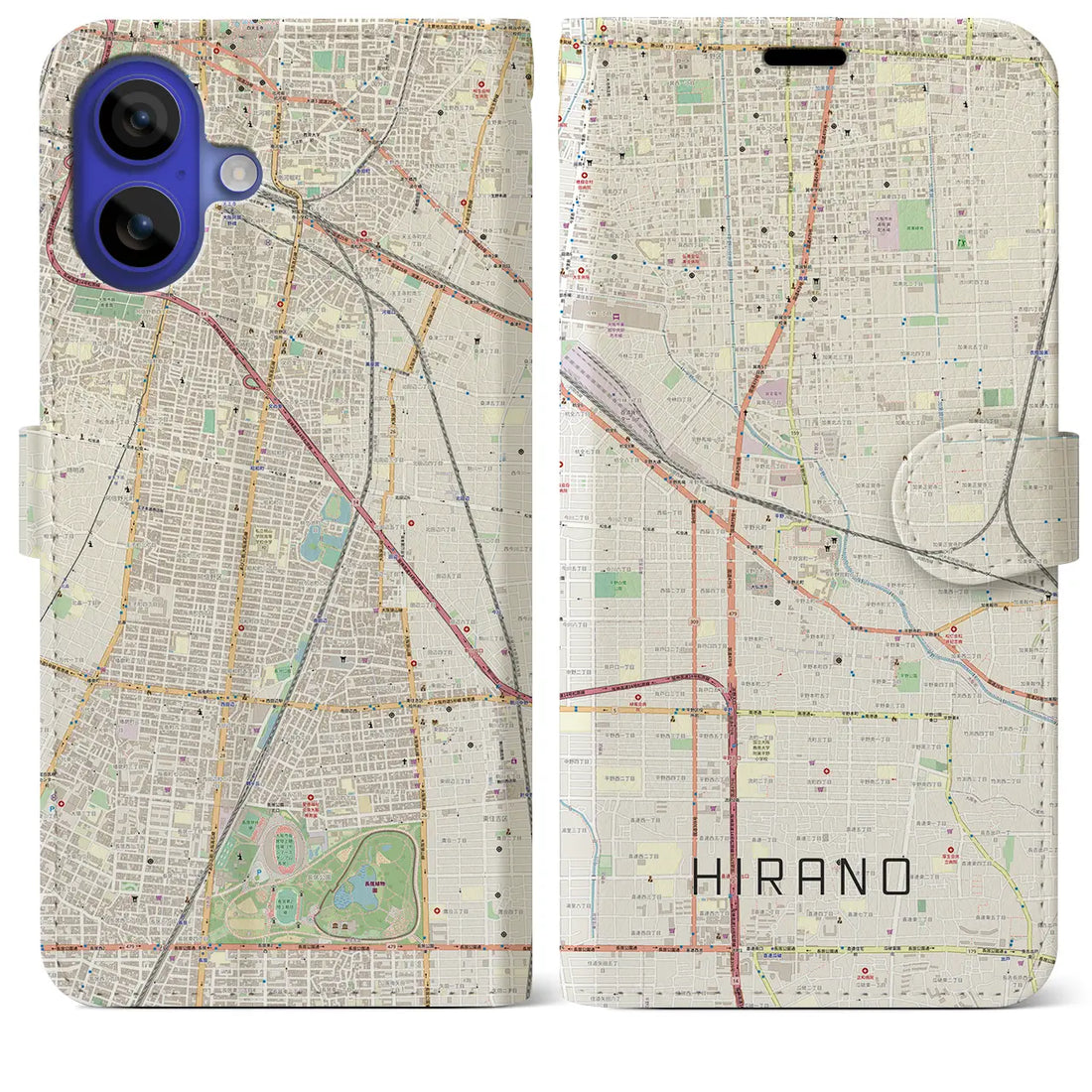 【平野(大阪府)】地図柄iPhoneケース(手帳タイプ)ナチュラル・iPhone 16 Pro Max 用