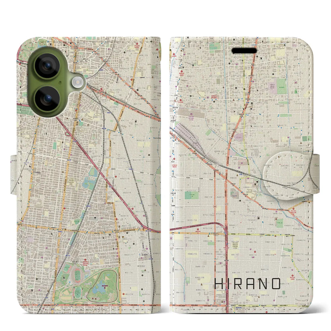 【平野（大阪府）】地図柄iPhoneケース（手帳タイプ）モノトーン・iPhone 17 Pro Max 用