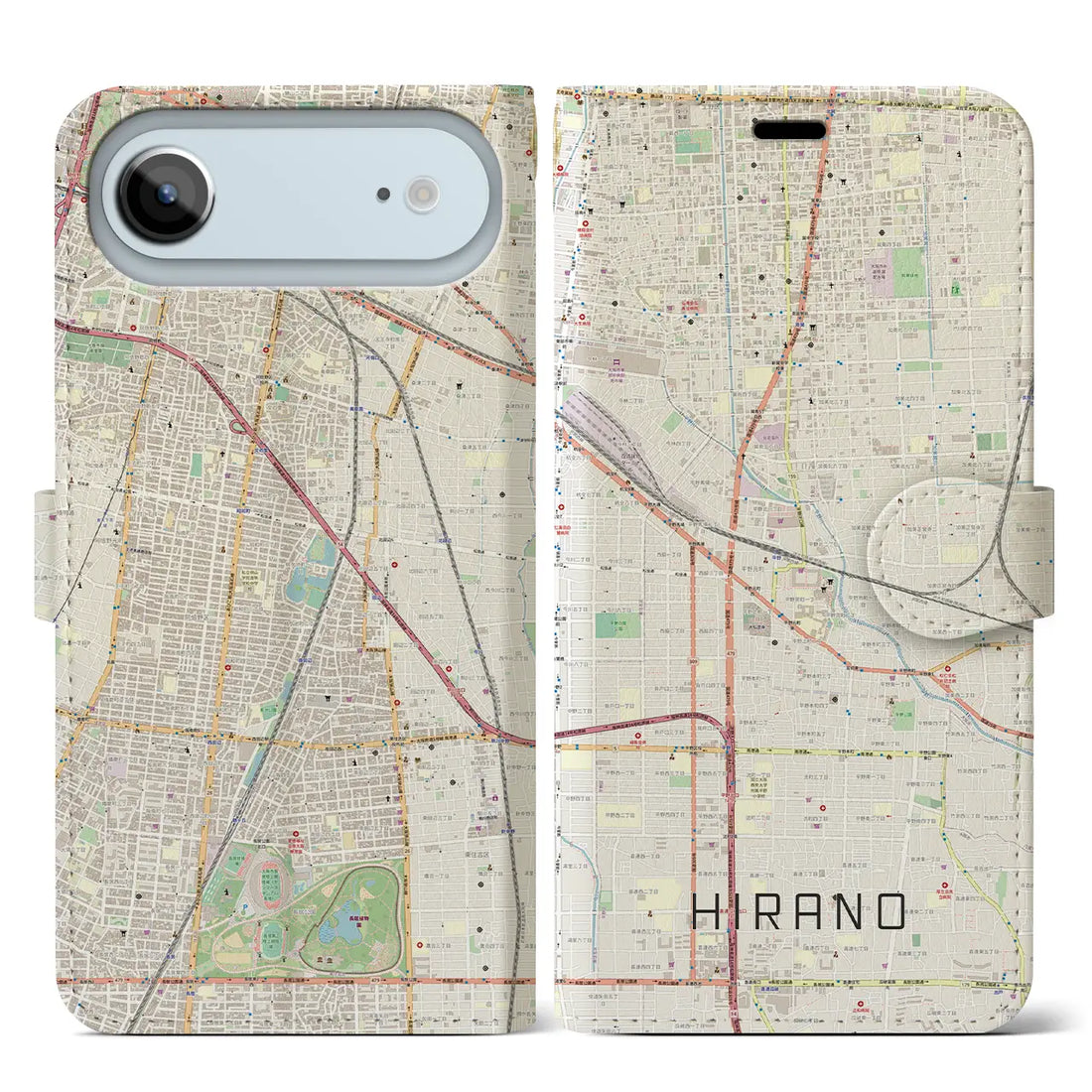 【平野（大阪府）】地図柄iPhoneケース（手帳タイプ）ナチュラル・iPhone 17 Pro Max 用