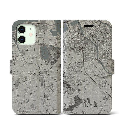 【平尾（福岡県）】地図柄iPhoneケース（手帳タイプ）モノトーン・iPhone 12 mini 用