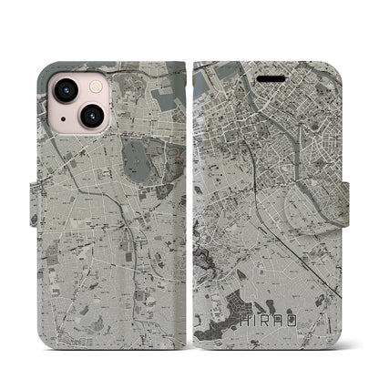 【平尾（福岡県）】地図柄iPhoneケース（手帳タイプ）モノトーン・iPhone 13 mini 用