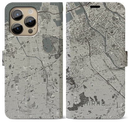 【平尾（福岡県）】地図柄iPhoneケース（手帳タイプ）モノトーン・iPhone 14 Pro Max 用