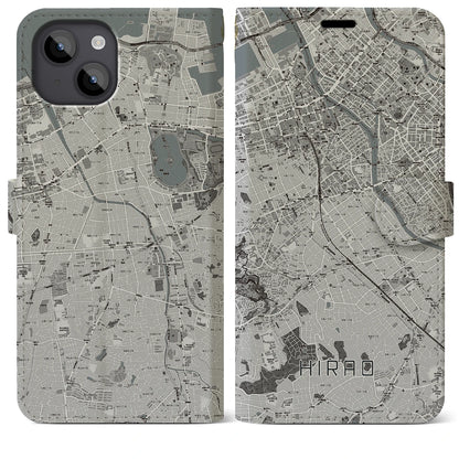 【平尾（福岡県）】地図柄iPhoneケース（手帳タイプ）モノトーン・iPhone 14 Plus 用