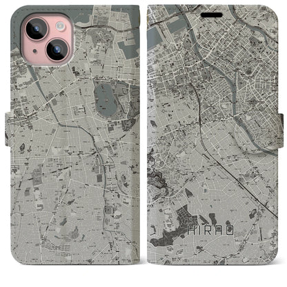 【平尾（福岡県）】地図柄iPhoneケース（手帳タイプ）モノトーン・iPhone 15 Plus 用