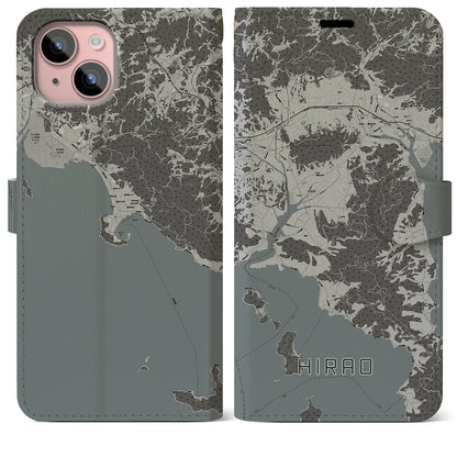 【平生（山口県）】地図柄iPhoneケース（手帳タイプ）モノトーン・iPhone 15 Plus 用