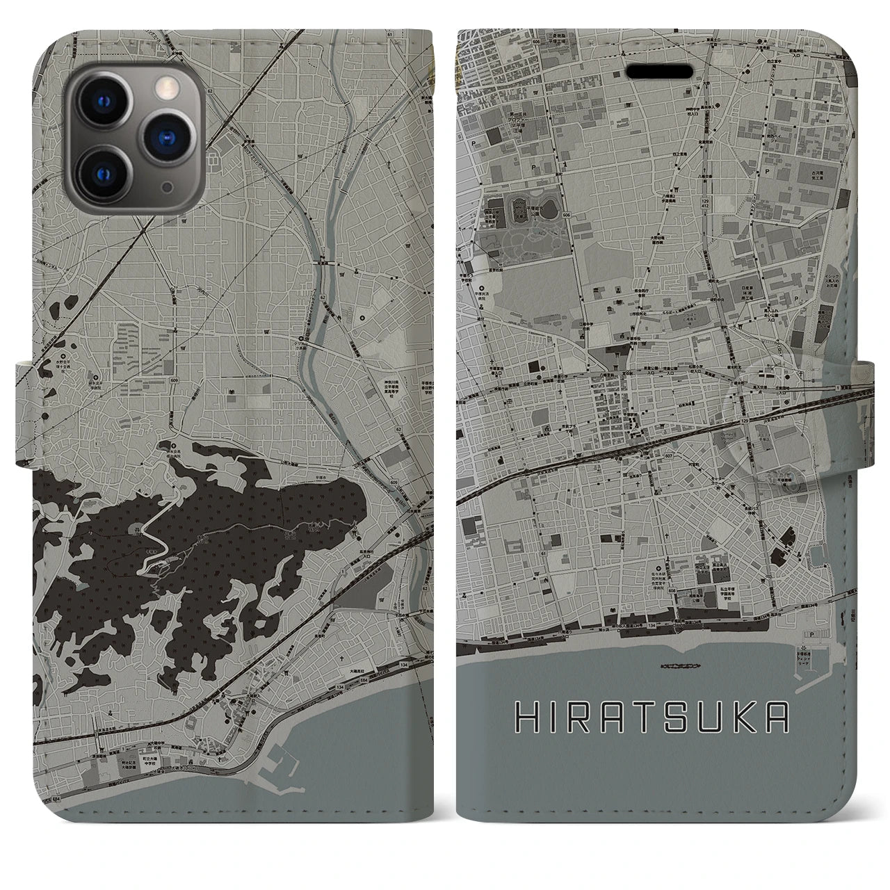 【平塚】地図柄iPhoneケース（手帳両面タイプ・モノトーン）iPhone 11 Pro Max 用