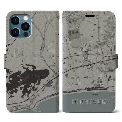 【平塚（神奈川県）】地図柄iPhoneケース（手帳タイプ）モノトーン・iPhone 12 / 12 Pro 用