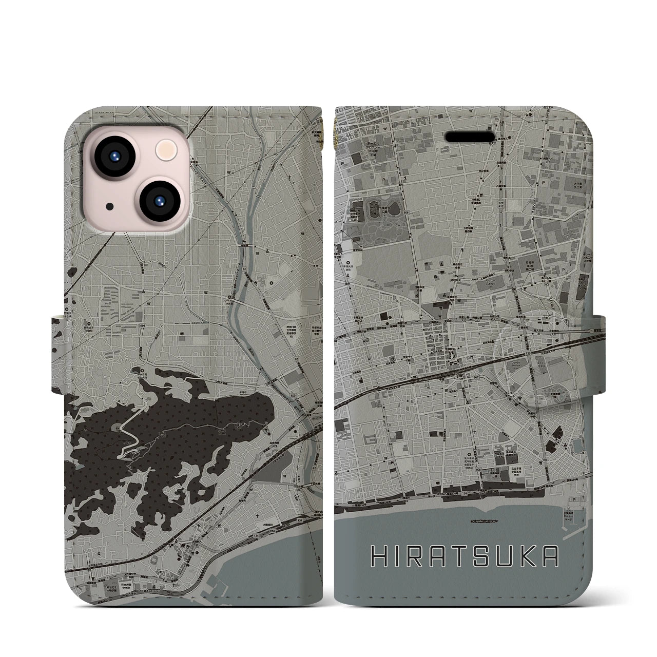 【平塚】地図柄iPhoneケース（手帳両面タイプ・モノトーン）iPhone 13 mini 用