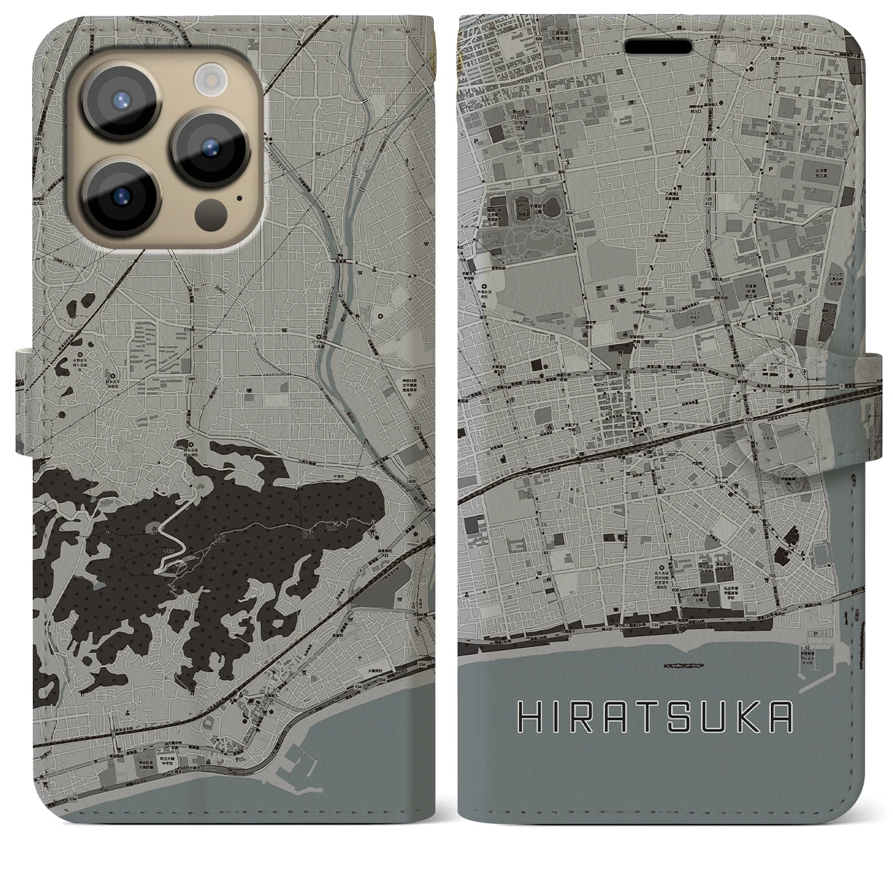 【平塚】地図柄iPhoneケース（手帳両面タイプ・モノトーン）iPhone 14 Pro Max 用