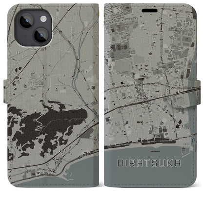 【平塚（神奈川県）】地図柄iPhoneケース（手帳タイプ）モノトーン・iPhone 14 Plus 用