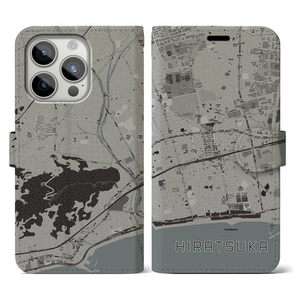 【平塚（神奈川県）】地図柄iPhoneケース（手帳タイプ）モノトーン・iPhone 15 Pro 用