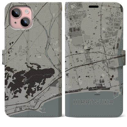 【平塚（神奈川県）】地図柄iPhoneケース（手帳タイプ）モノトーン・iPhone 15 Plus 用