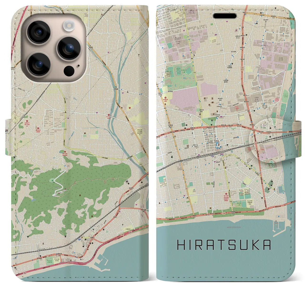 【平塚（神奈川県）】地図柄iPhoneケース（手帳タイプ）ナチュラル・iPhone 16 Plus 用