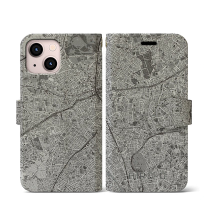 【広尾（東京都）】地図柄iPhoneケース（手帳タイプ）モノトーン・iPhone 13 mini 用