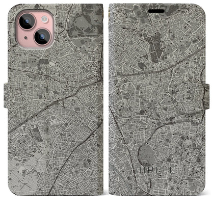 【広尾（東京都）】地図柄iPhoneケース（手帳タイプ）モノトーン・iPhone 15 Plus 用
