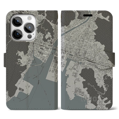 【広（広島県）】地図柄iPhoneケース（手帳タイプ）モノトーン・iPhone 14 Pro 用