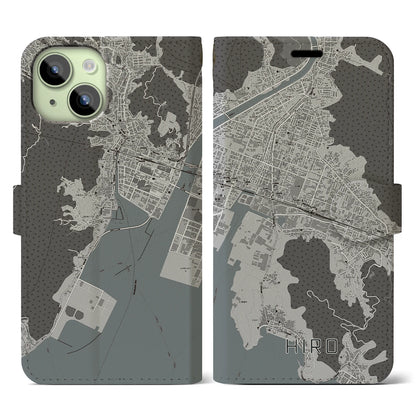 【広（広島県）】地図柄iPhoneケース（手帳タイプ）モノトーン・iPhone 15 用