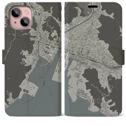 【広（広島県）】地図柄iPhoneケース（手帳タイプ）モノトーン・iPhone 15 Plus 用