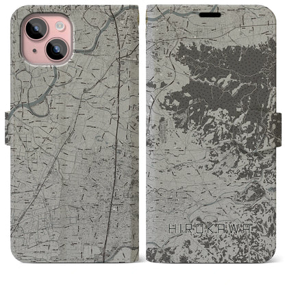 【広川（福岡県）】地図柄iPhoneケース（手帳タイプ）モノトーン・iPhone 15 Plus 用
