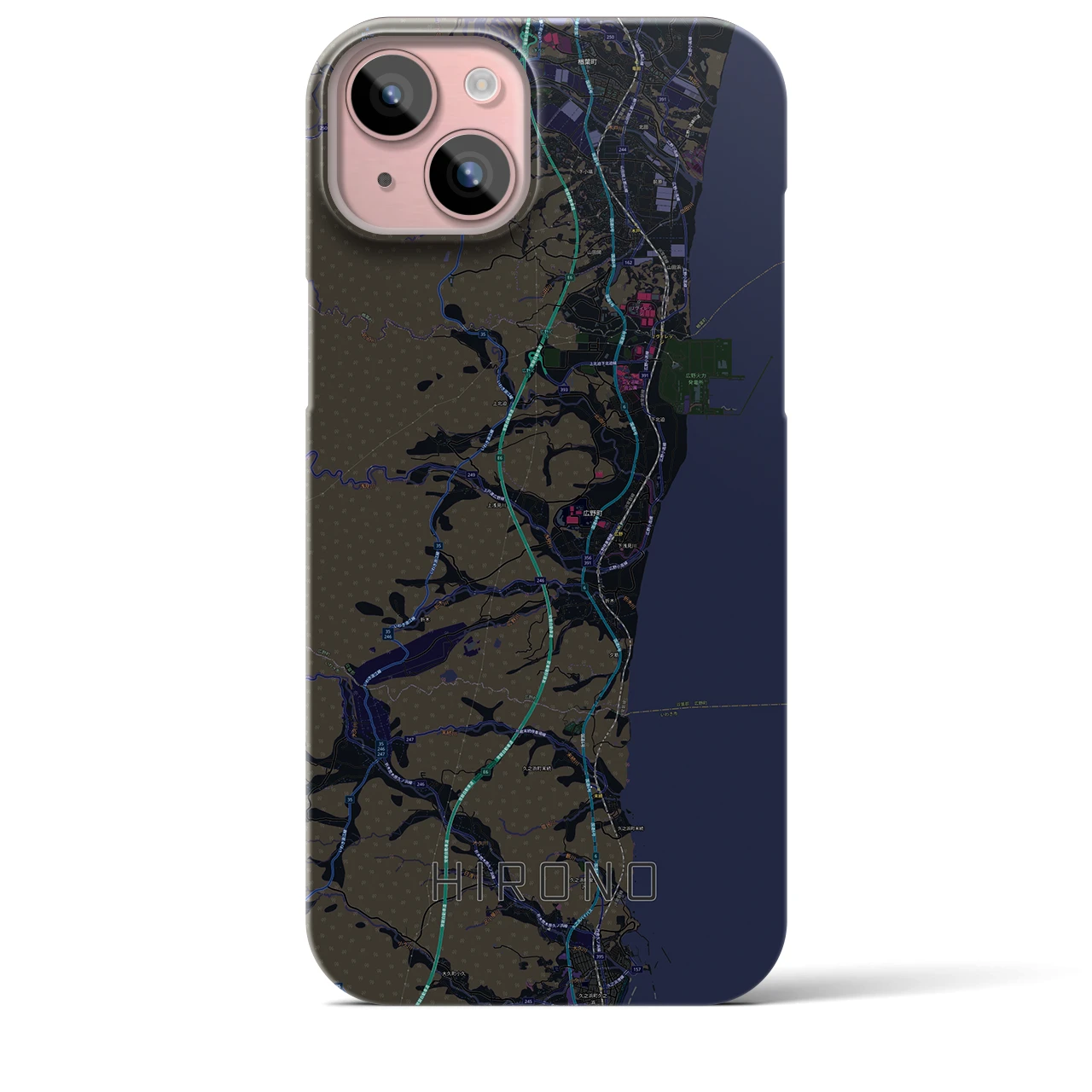 【広野】地図柄iPhoneケース（バックカバータイプ・ブラック）iPhone 15 Plus 用