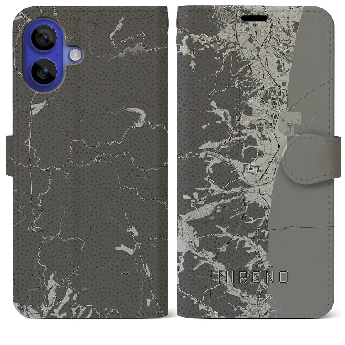 【広野(福島県)】地図柄iPhoneケース(手帳タイプ)モノトーン・iPhone 16 Pro Max 用