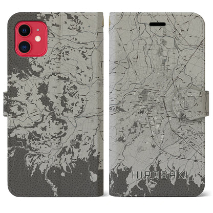 【弘前（青森県）】地図柄iPhoneケース（手帳タイプ）モノトーン・iPhone 11 用