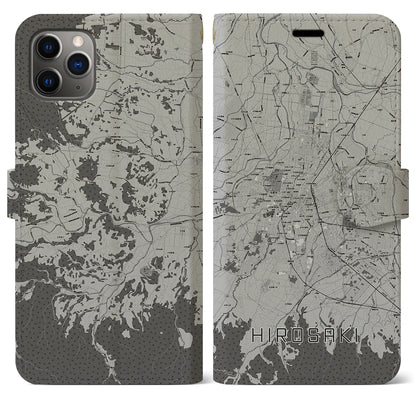 【弘前（青森県）】地図柄iPhoneケース（手帳タイプ）モノトーン・iPhone 11 Pro Max 用