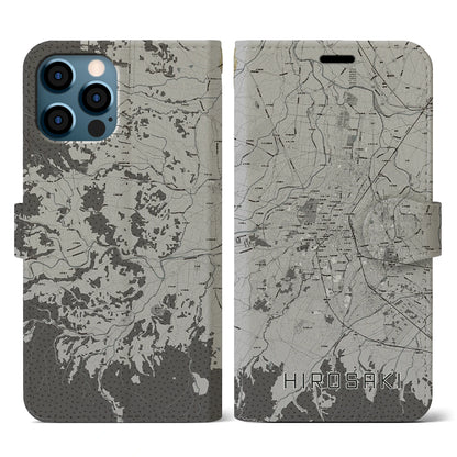 【弘前（青森県）】地図柄iPhoneケース（手帳タイプ）モノトーン・iPhone 12 / 12 Pro 用