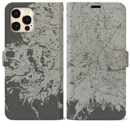【弘前（青森県）】地図柄iPhoneケース（手帳タイプ）モノトーン・iPhone 12 Pro Max 用