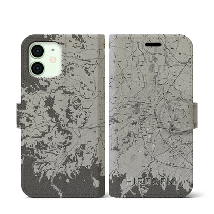 【弘前（青森県）】地図柄iPhoneケース（手帳タイプ）モノトーン・iPhone 12 mini 用