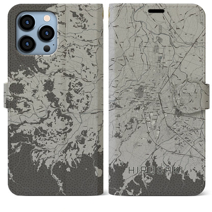 【弘前（青森県）】地図柄iPhoneケース（手帳タイプ）モノトーン・iPhone 13 Pro Max 用