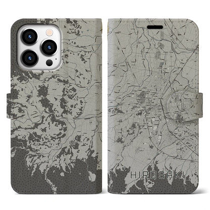 【弘前（青森県）】地図柄iPhoneケース（手帳タイプ）モノトーン・iPhone 13 Pro 用