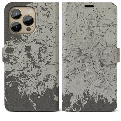 【弘前（青森県）】地図柄iPhoneケース（手帳タイプ）モノトーン・iPhone 14 Pro Max 用