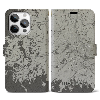 【弘前（青森県）】地図柄iPhoneケース（手帳タイプ）モノトーン・iPhone 14 Pro 用