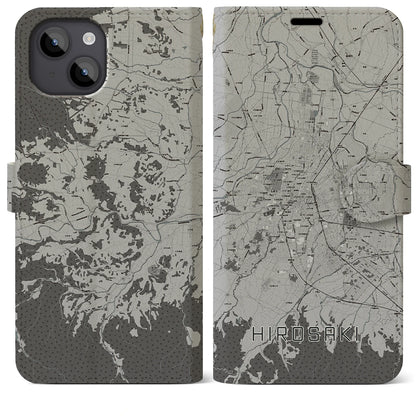 【弘前（青森県）】地図柄iPhoneケース（手帳タイプ）モノトーン・iPhone 14 Plus 用