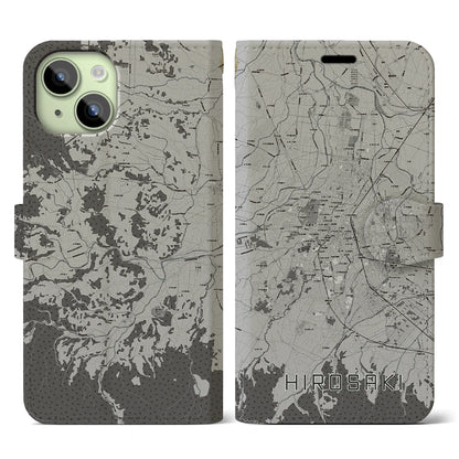 【弘前（青森県）】地図柄iPhoneケース（手帳タイプ）モノトーン・iPhone 15 用