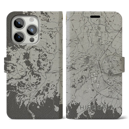 【弘前（青森県）】地図柄iPhoneケース（手帳タイプ）モノトーン・iPhone 15 Pro 用