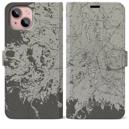 【弘前（青森県）】地図柄iPhoneケース（手帳タイプ）モノトーン・iPhone 15 Plus 用