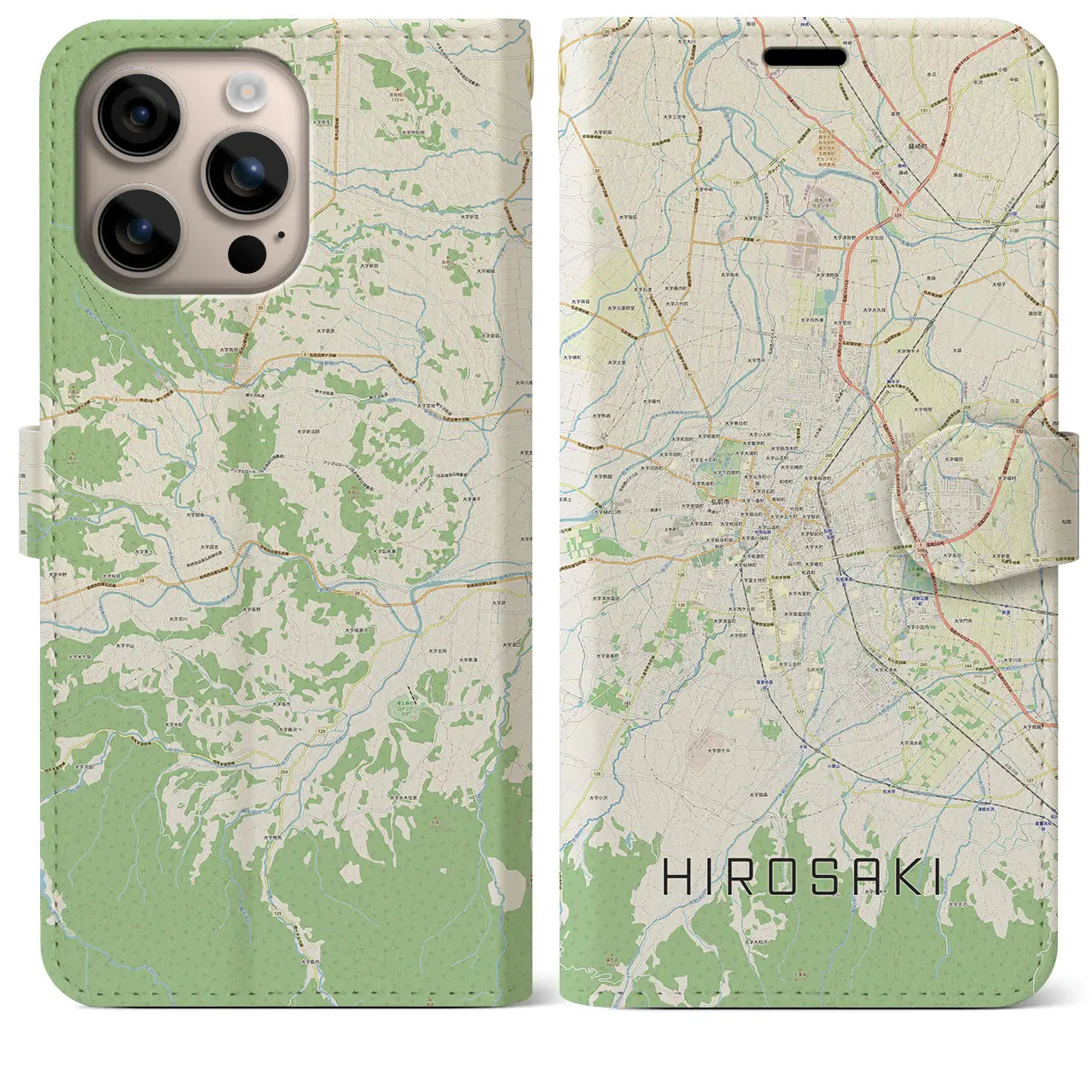 【弘前（青森県）】地図柄iPhoneケース（手帳タイプ）ナチュラル・iPhone 16 Plus 用