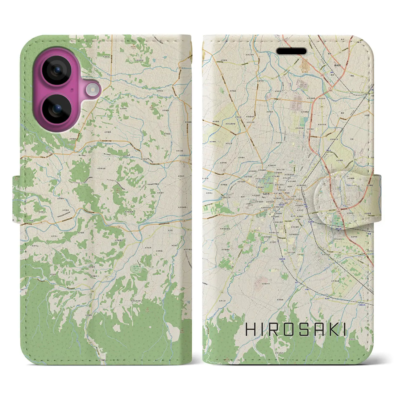 【弘前（青森県）】地図柄iPhoneケース（手帳タイプ）ナチュラル・iPhone 16 Pro 用