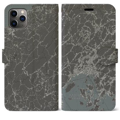 【広島2（広島県）】地図柄iPhoneケース（手帳タイプ）モノトーン・iPhone 11 Pro Max 用