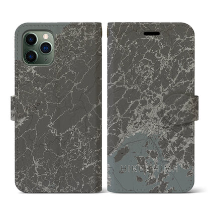 【広島2（広島県）】地図柄iPhoneケース（手帳タイプ）モノトーン・iPhone 11 Pro 用