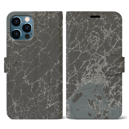 【広島2（広島県）】地図柄iPhoneケース（手帳タイプ）モノトーン・iPhone 12 / 12 Pro 用