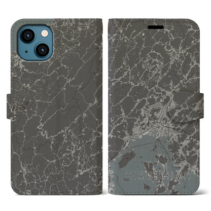 【広島2（広島県）】地図柄iPhoneケース（手帳タイプ）モノトーン・iPhone 13 用