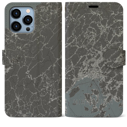 【広島2（広島県）】地図柄iPhoneケース（手帳タイプ）モノトーン・iPhone 13 Pro Max 用