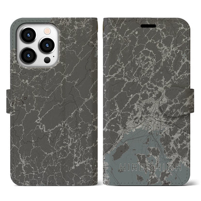 【広島2（広島県）】地図柄iPhoneケース（手帳タイプ）モノトーン・iPhone 13 Pro 用