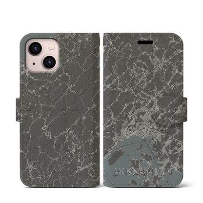 【広島2（広島県）】地図柄iPhoneケース（手帳タイプ）モノトーン・iPhone 13 mini 用