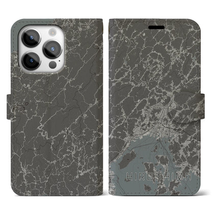 【広島2（広島県）】地図柄iPhoneケース（手帳タイプ）モノトーン・iPhone 14 Pro 用