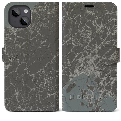 【広島2（広島県）】地図柄iPhoneケース（手帳タイプ）モノトーン・iPhone 14 Plus 用