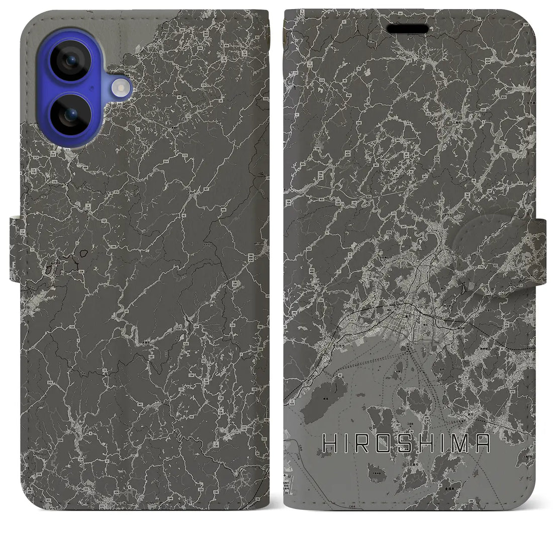【広島2(広島県)】地図柄iPhoneケース(手帳タイプ)モノトーン・iPhone 16 Pro Max 用